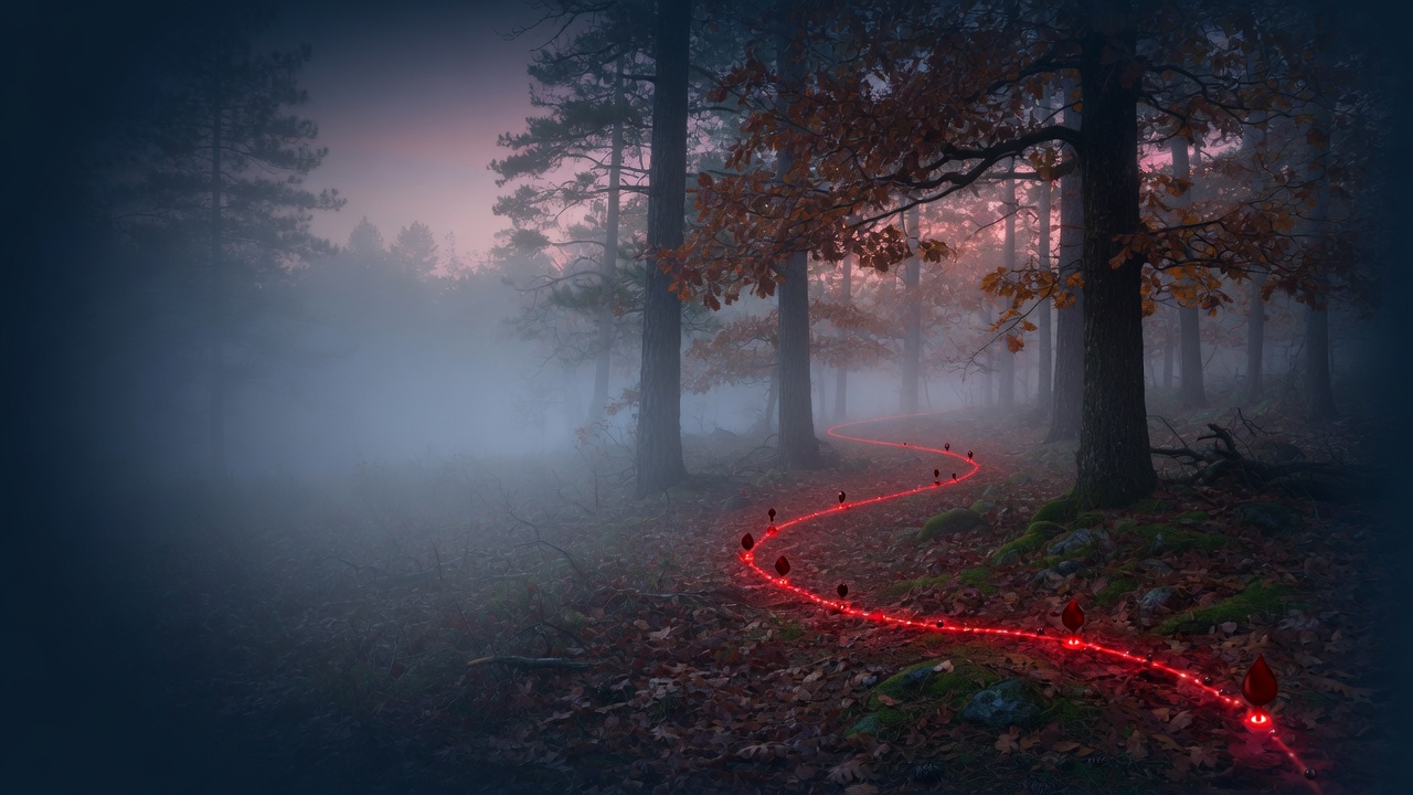 Foggy autumn forest with a GPS blood trail path